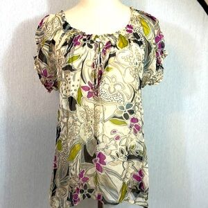 Ya Da 100% silk semi sheer floral keyhole top